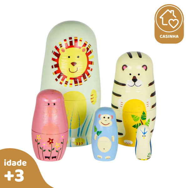 Kit Matrioshka Bichos da Floresta Tons Pasteis, de Madeira